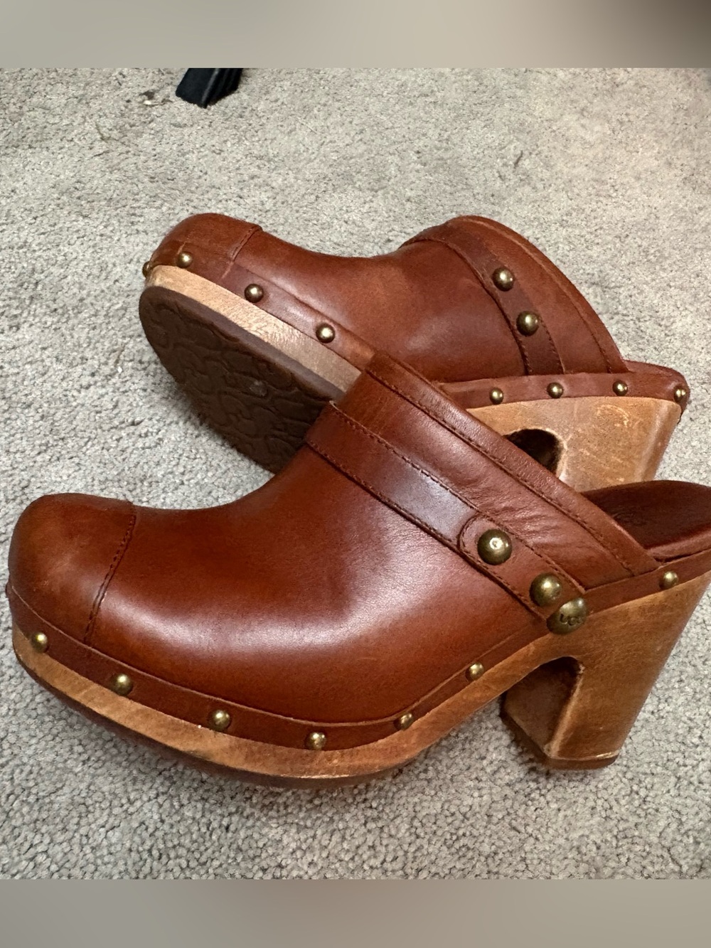UGG Chestnut Brown Leather Studded Clog Mules - Picture 2 of 6